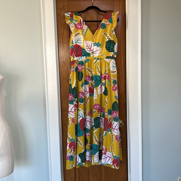 Boden Andrea Frill Sleeve Maxi/Midi Dress Yellow Pink Floral Fit Flare US 12R - Picture 5 of 12